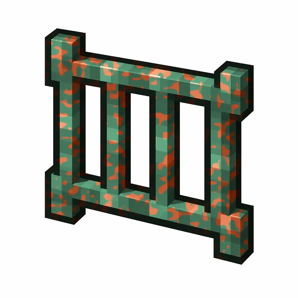 Pixel art illustration of a waxed copper bars with moderate mottled green oxidation, copper sealed with honeycomb