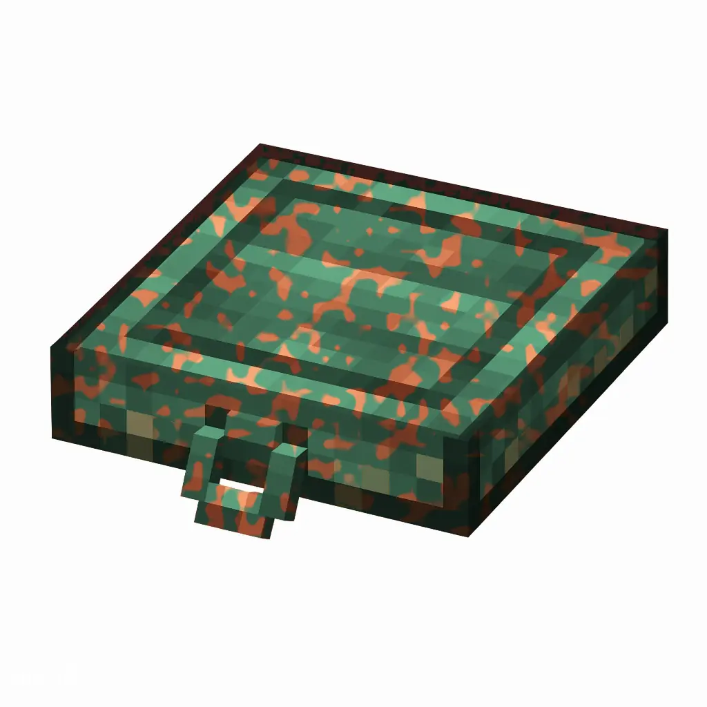 Pixel art illustration of a waxed copper trapdoor with moderate mottled green oxidation, copper sealed with honeycomb