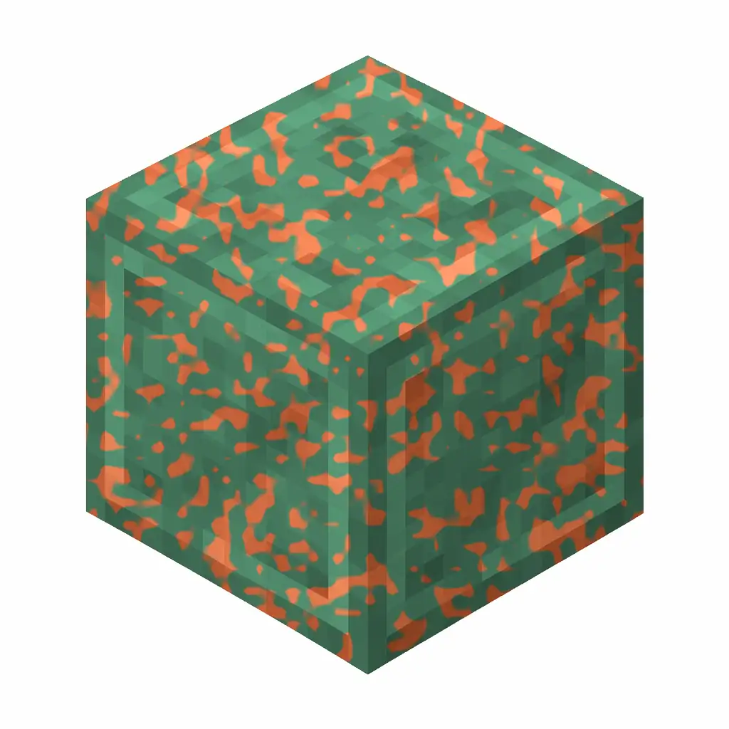 Pixel art illustration of a waxed copper with moderate mottled green oxidation, copper sealed with honeycomb