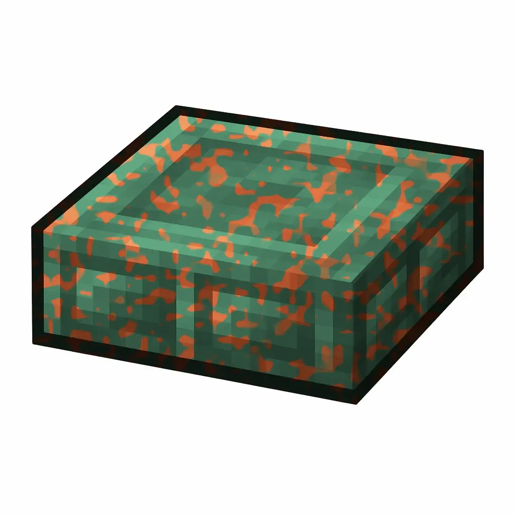 Pixel art illustration of a waxed cut copper slab with moderate mottled green oxidation, copper sealed with honeycomb