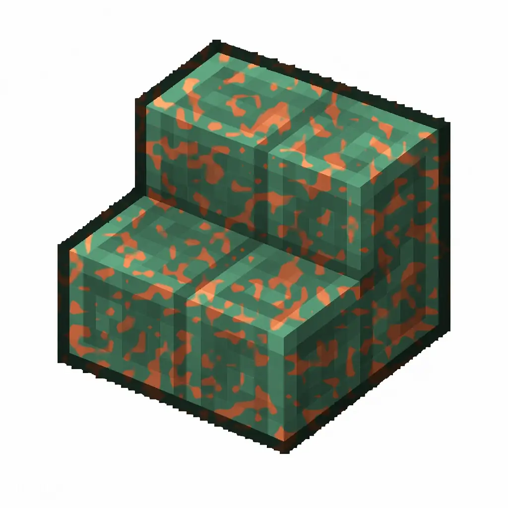 Pixel art illustration of a waxed cut copper stairs with moderate mottled green oxidation, copper sealed with honeycomb