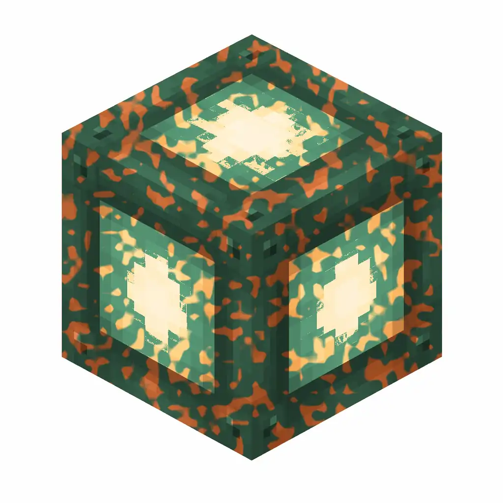 Pixel art illustration of a copper bulb with moderate mottled green oxidation over copper metal