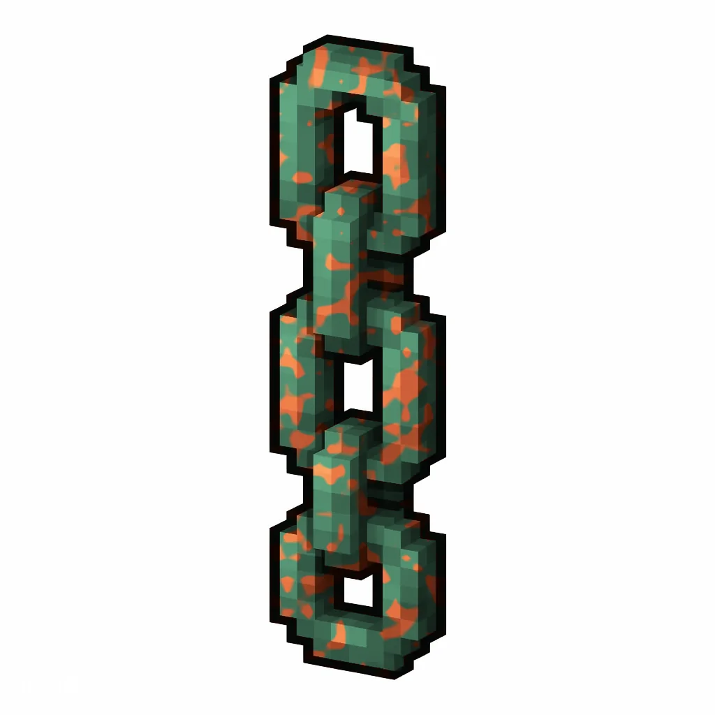 Pixel art illustration of a copper chain with moderate mottled green oxidation over copper metal