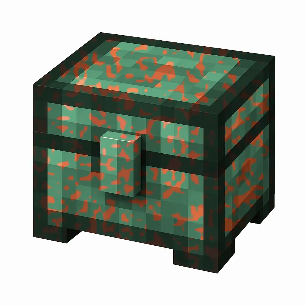 Pixel art illustration of a copper chest with moderate mottled green oxidation over copper metal