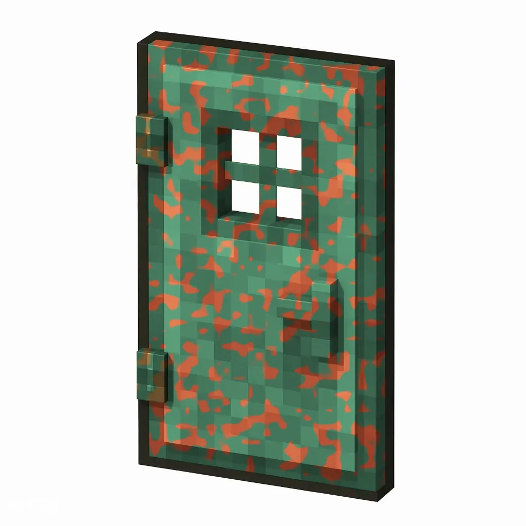 Pixel art illustration of a copper door with moderate mottled green oxidation over copper metal