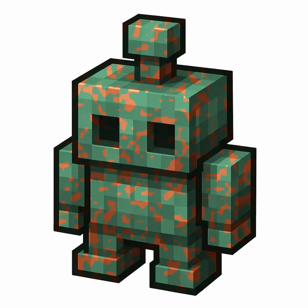 Pixel art illustration of a copper golem statue with moderate mottled green oxidation over copper metal