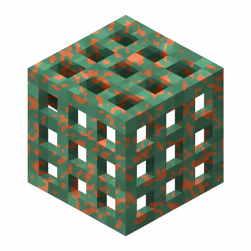 Pixel art illustration of a copper grate with moderate mottled green oxidation over copper metal