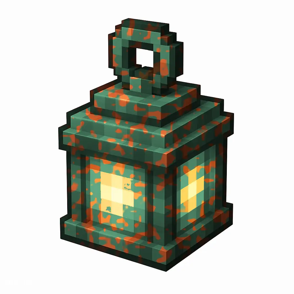 Pixel art illustration of a copper lantern with moderate mottled green oxidation over copper metal