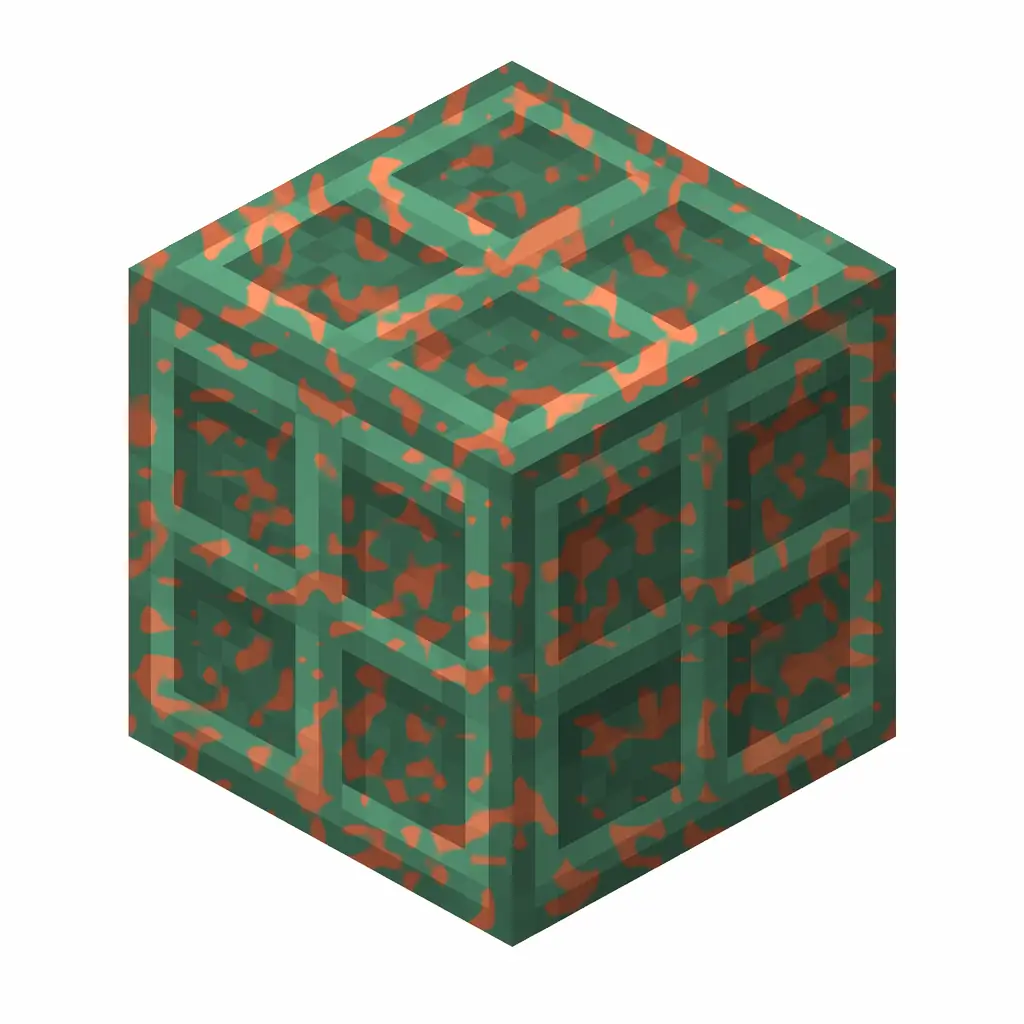 Pixel art illustration of a cut copper with moderate mottled green oxidation over copper metal