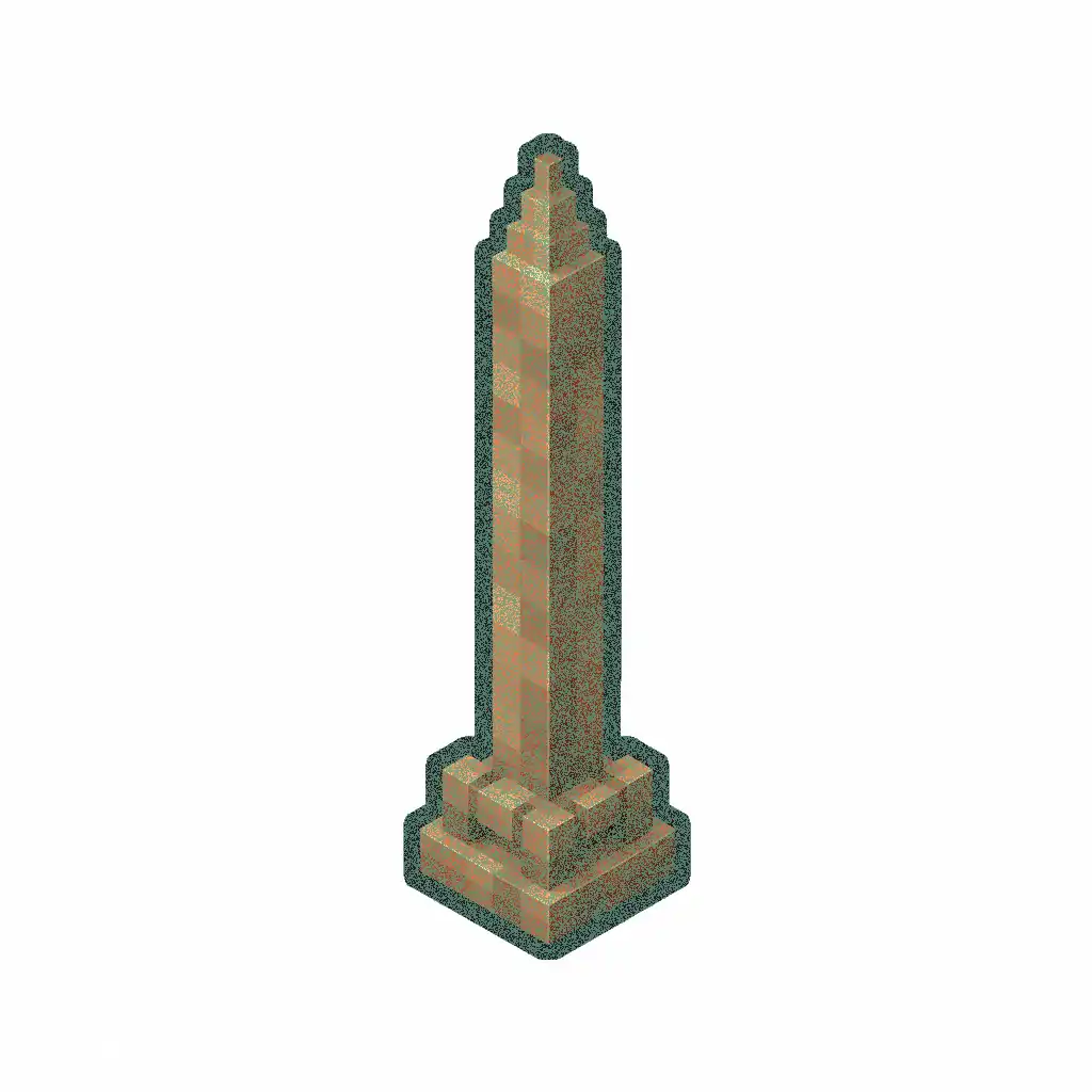 Pixel art illustration of a lightning rod with moderate mottled green oxidation over copper metal