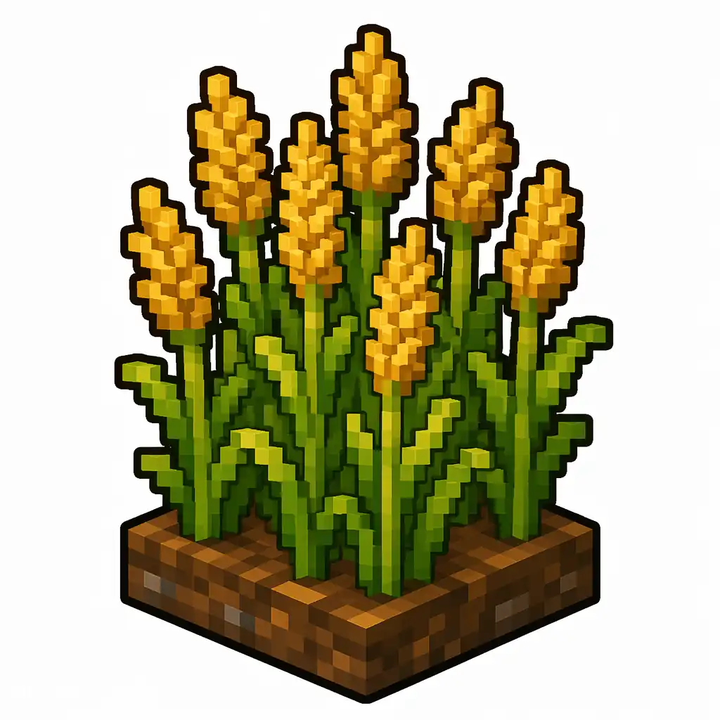Pixel art illustration of a growing wheat crop with golden ears on green stalks