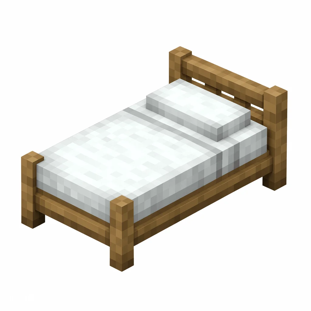 Pixel art illustration of a white bed with a wooden frame and a white blanket and pillow