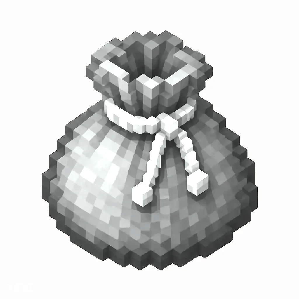 Pixel art illustration of a white dyed bundle pouch tied with string