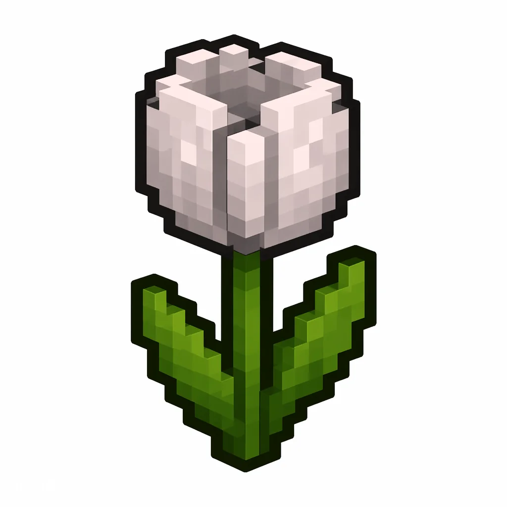 Pixel art illustration of a white tulip in chunky voxel game style