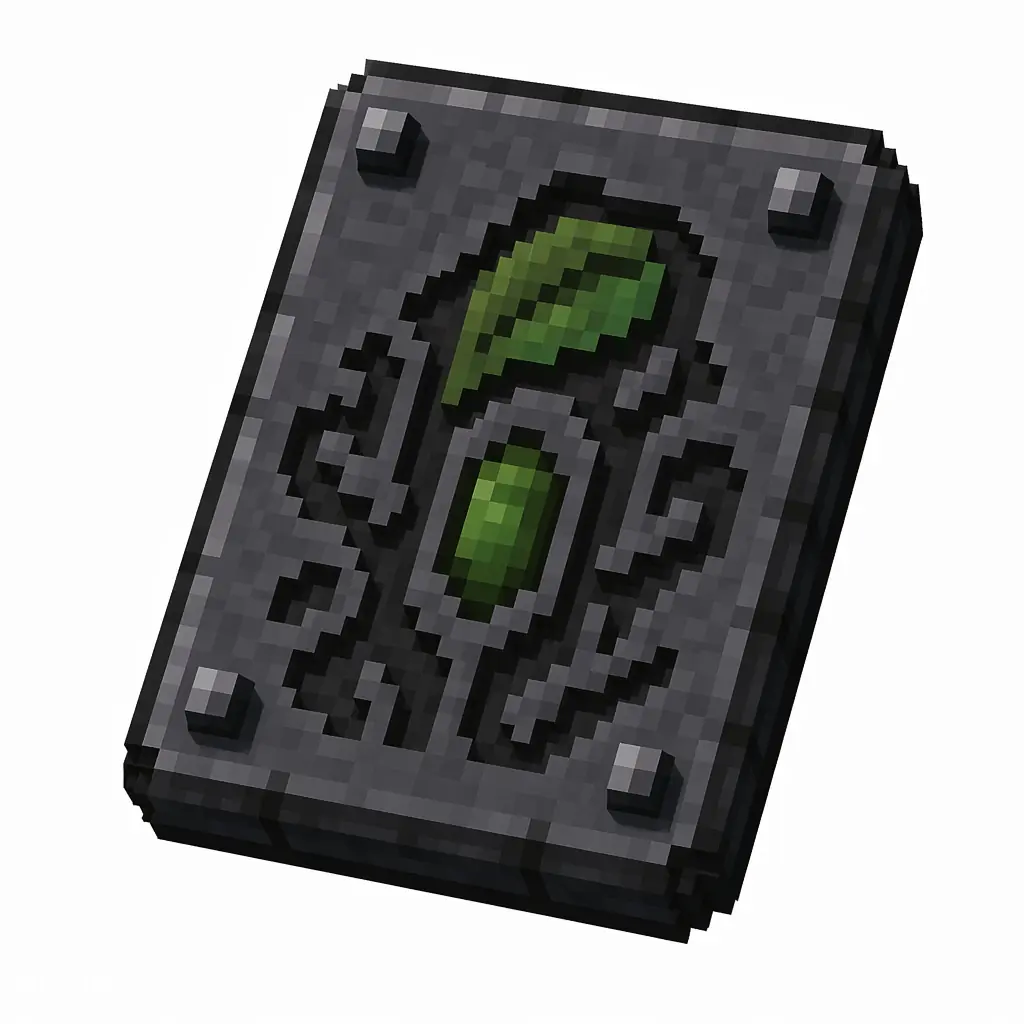 Pixel art illustration of a dark stone smithing template tablet carved with jungle vines