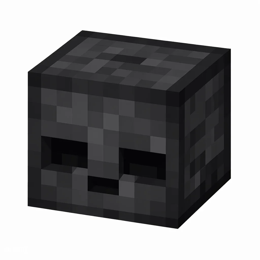 Pixel art illustration of a wither skeleton skull, a blocky decorative head block