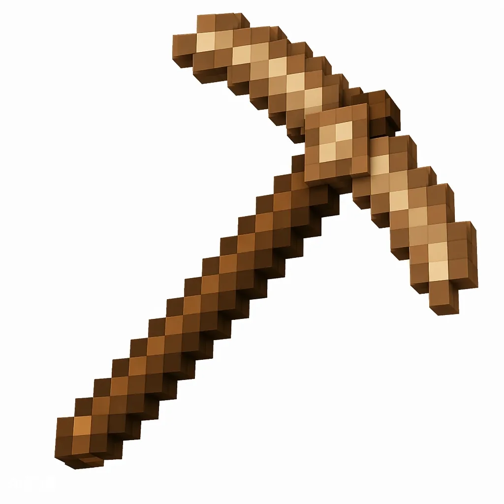 Pixel art illustration of a wooden pickaxe with a wooden stick handle
