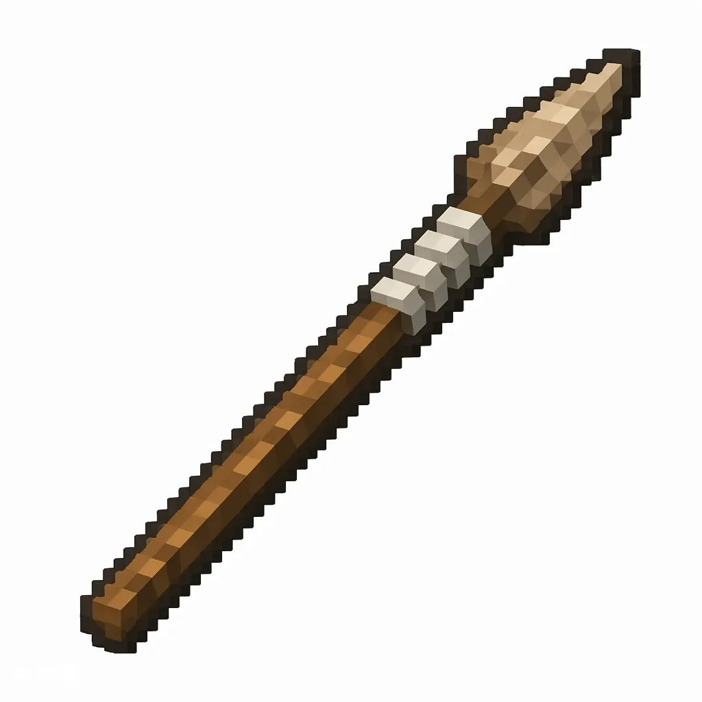 Pixel art illustration of a wooden spear with a long shaft and sharp tip