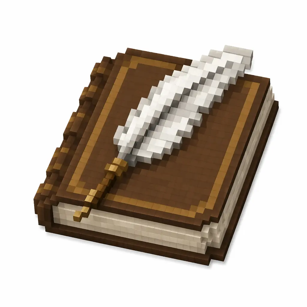 Pixel art illustration of a book and quill with a white feather resting on the cover