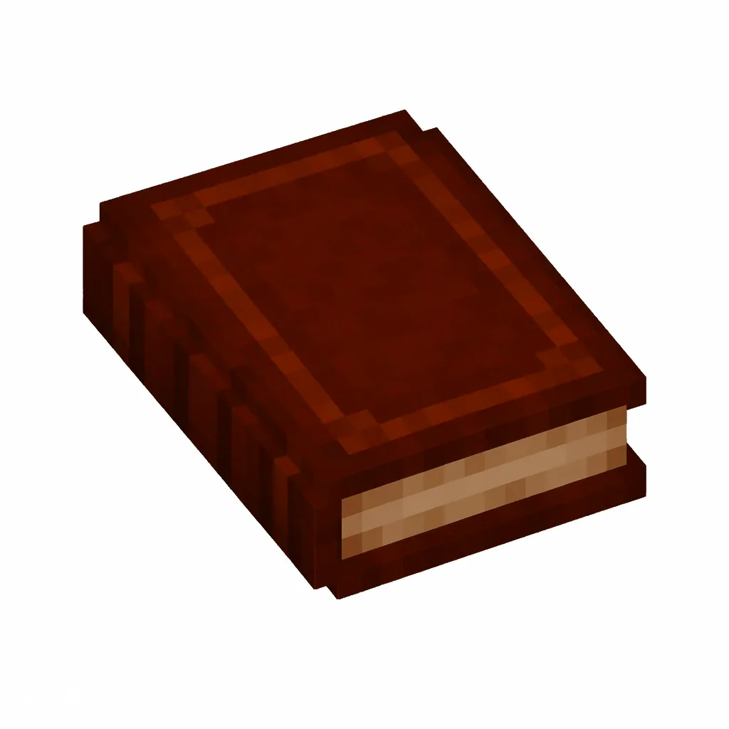 Pixel art illustration of a written book in chunky voxel game style