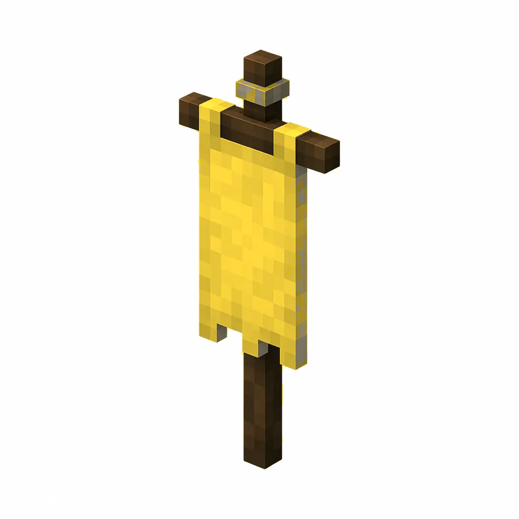 Pixel art illustration of a yellow banner hanging from a wooden pole