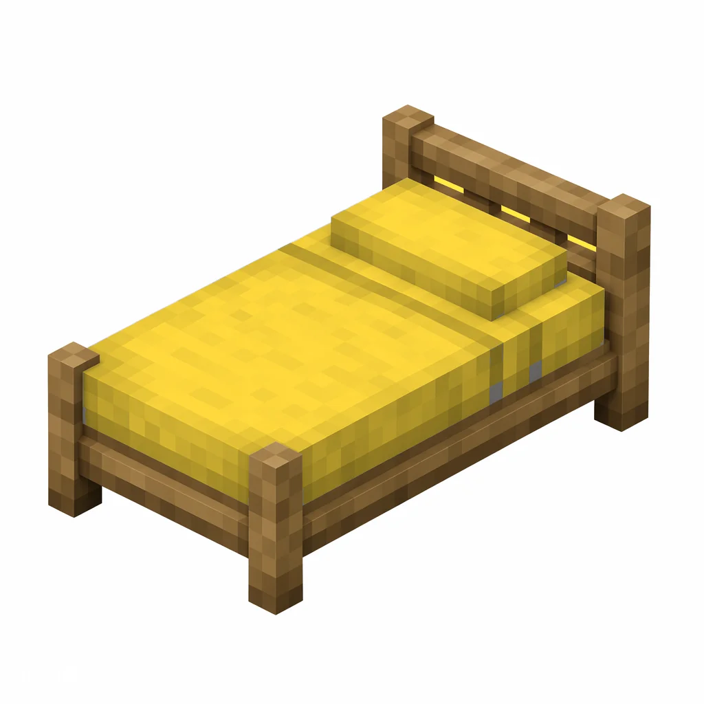 Pixel art illustration of a yellow bed with a wooden frame and a yellow blanket and pillow