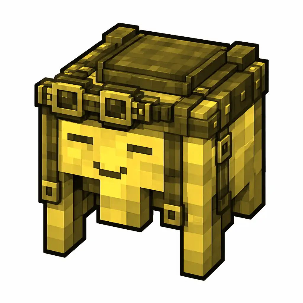 Pixel art illustration of a yellow happy ghast harness with a saddle seat and straps