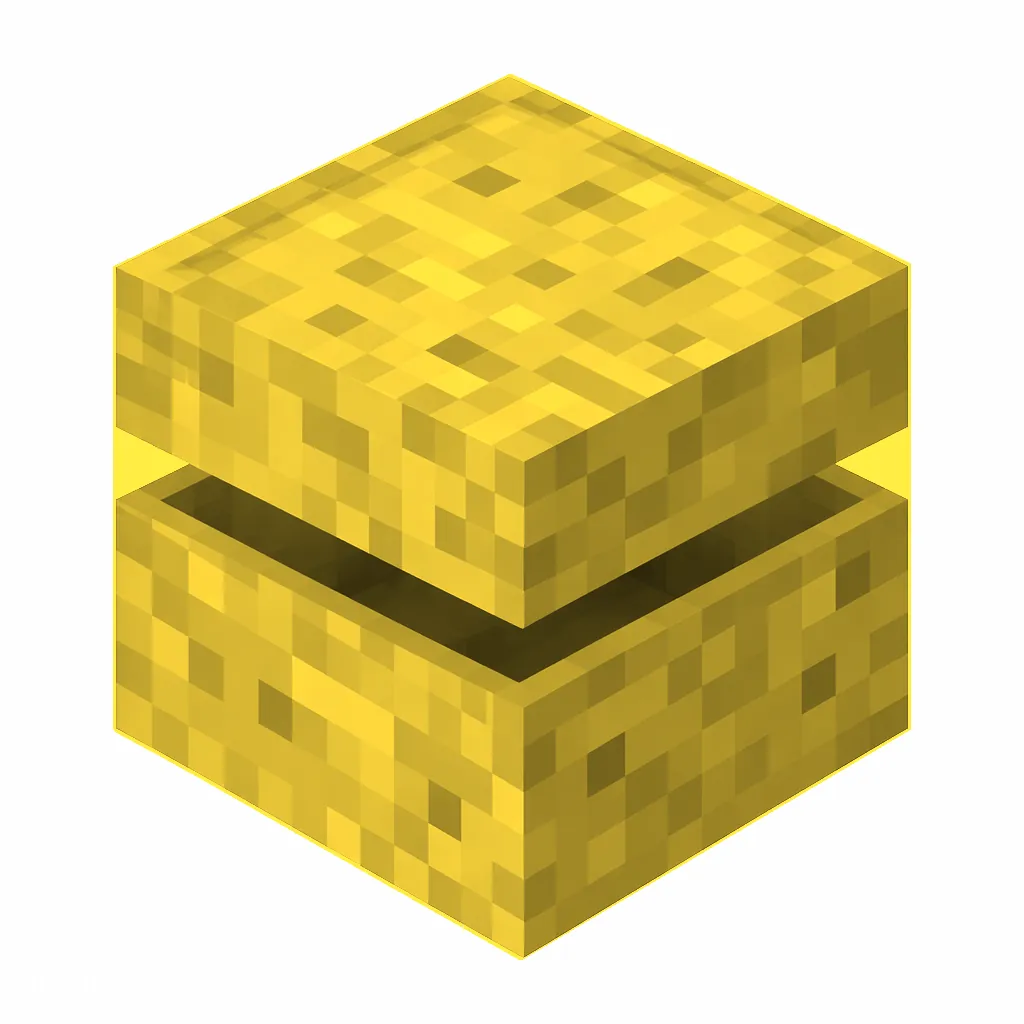 Pixel art illustration of a yellow shulker box with a raised clam-shell lid