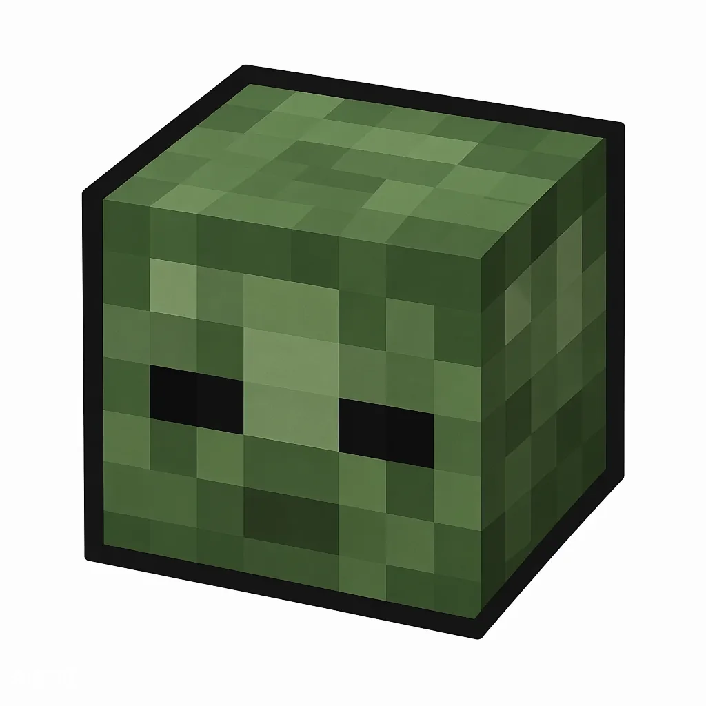 Pixel art illustration of a zombie head, a blocky decorative head block