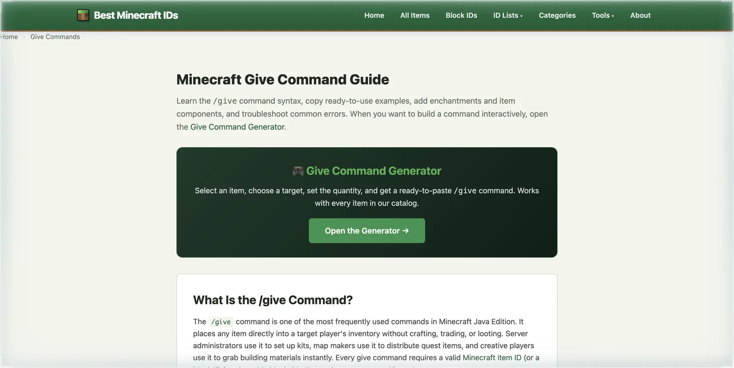 The Give Command Generator card on bestminecraftid.com: select an item, choose a target, set the quantity, and get a ready-to-paste /give command